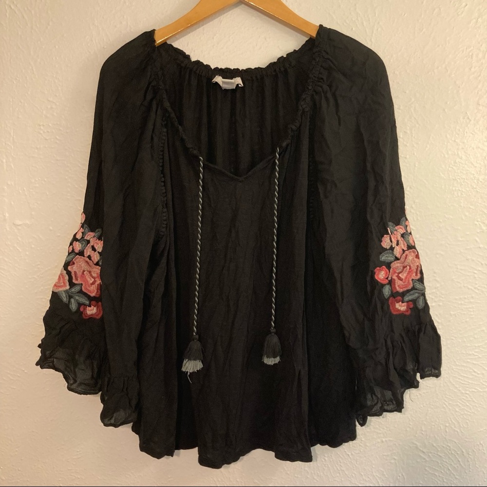 Vintage America Black & Floral Peasant Blouse XXL